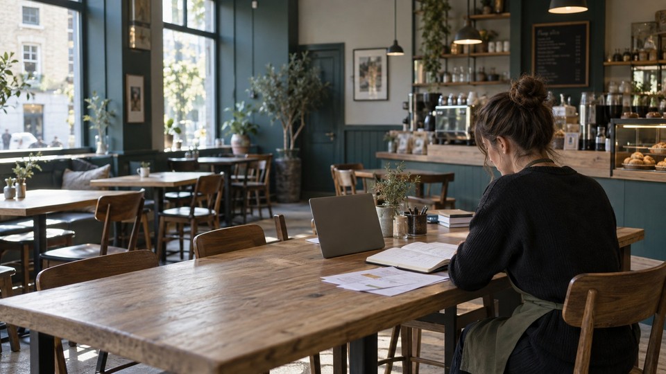Illustration of a café manager planning staff food hygiene training with a notebook and laptop