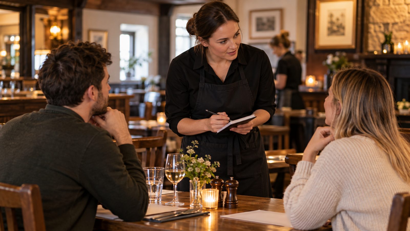A team member pauses at a table in a pub dining room and asks two seated customers about allergies before taking their order.
