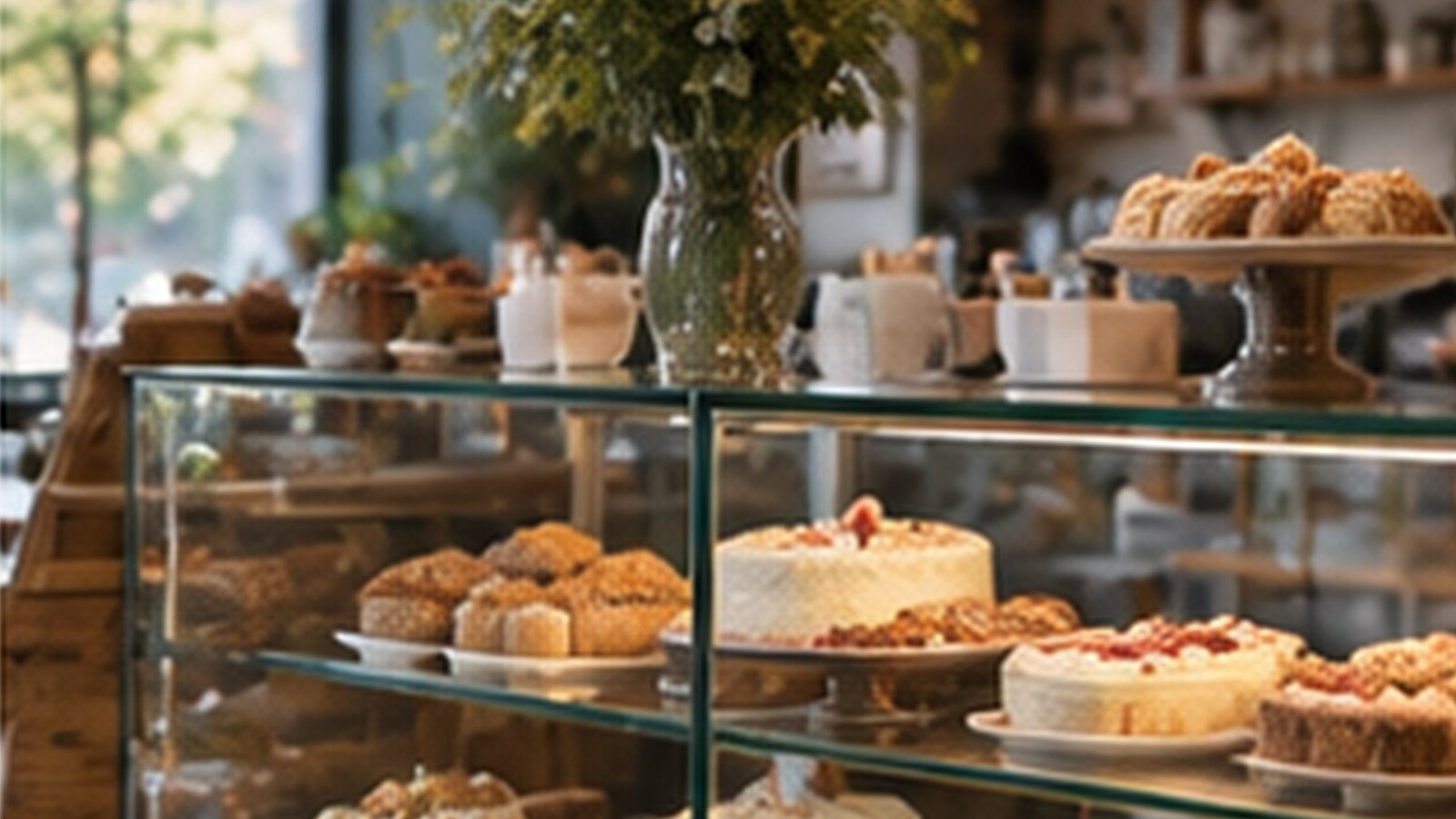 Café counter with cakes and pastries displayed under glass