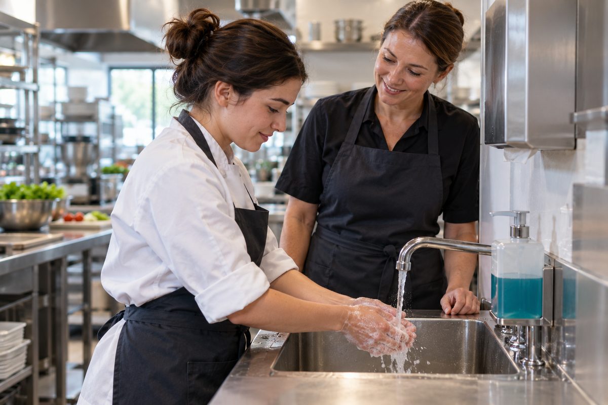 Kitchen supervisor watching a team member wash their hands at a hand-wash sink