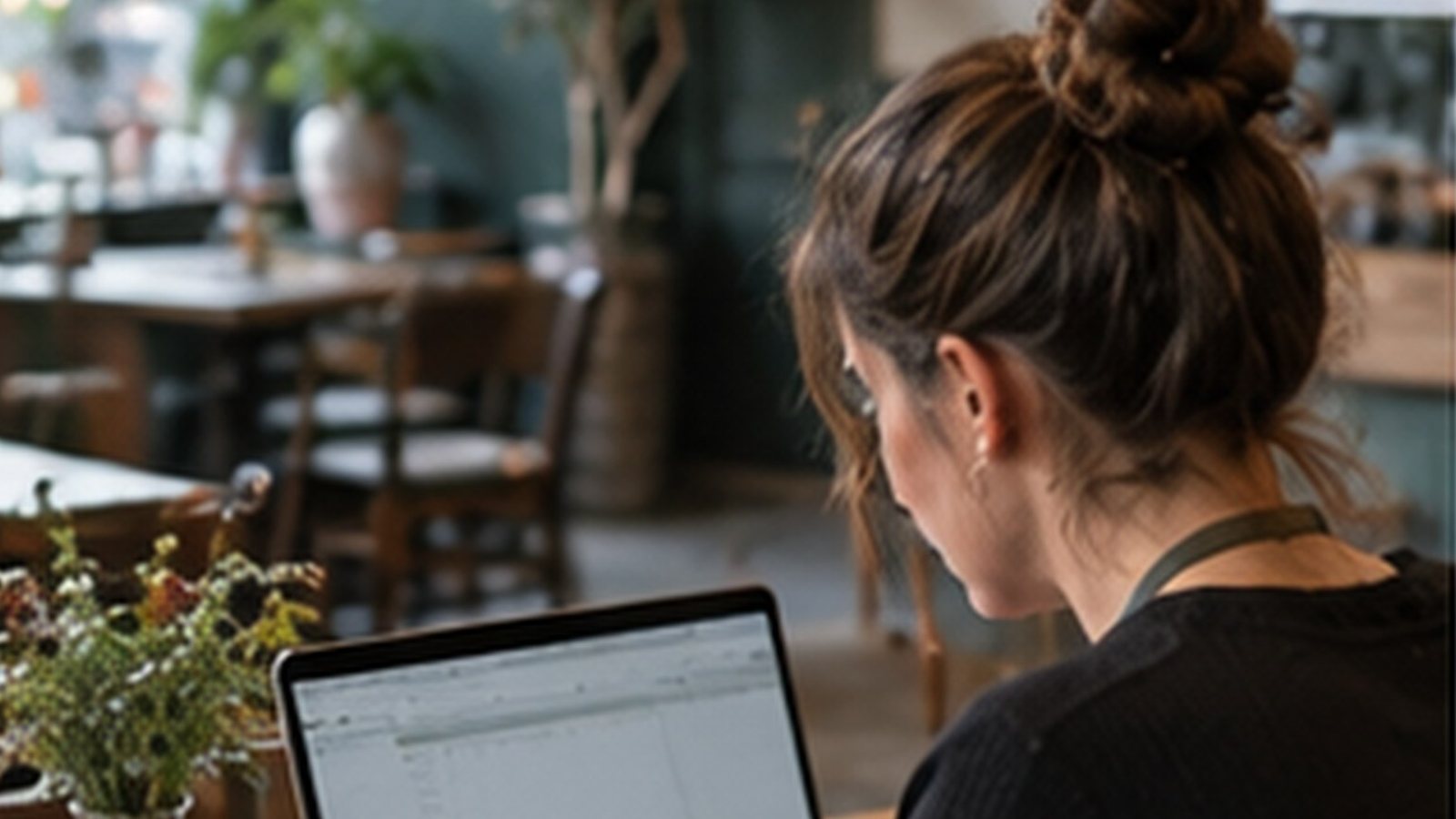 Café manager comparing food hygiene courses on a laptop at a café table