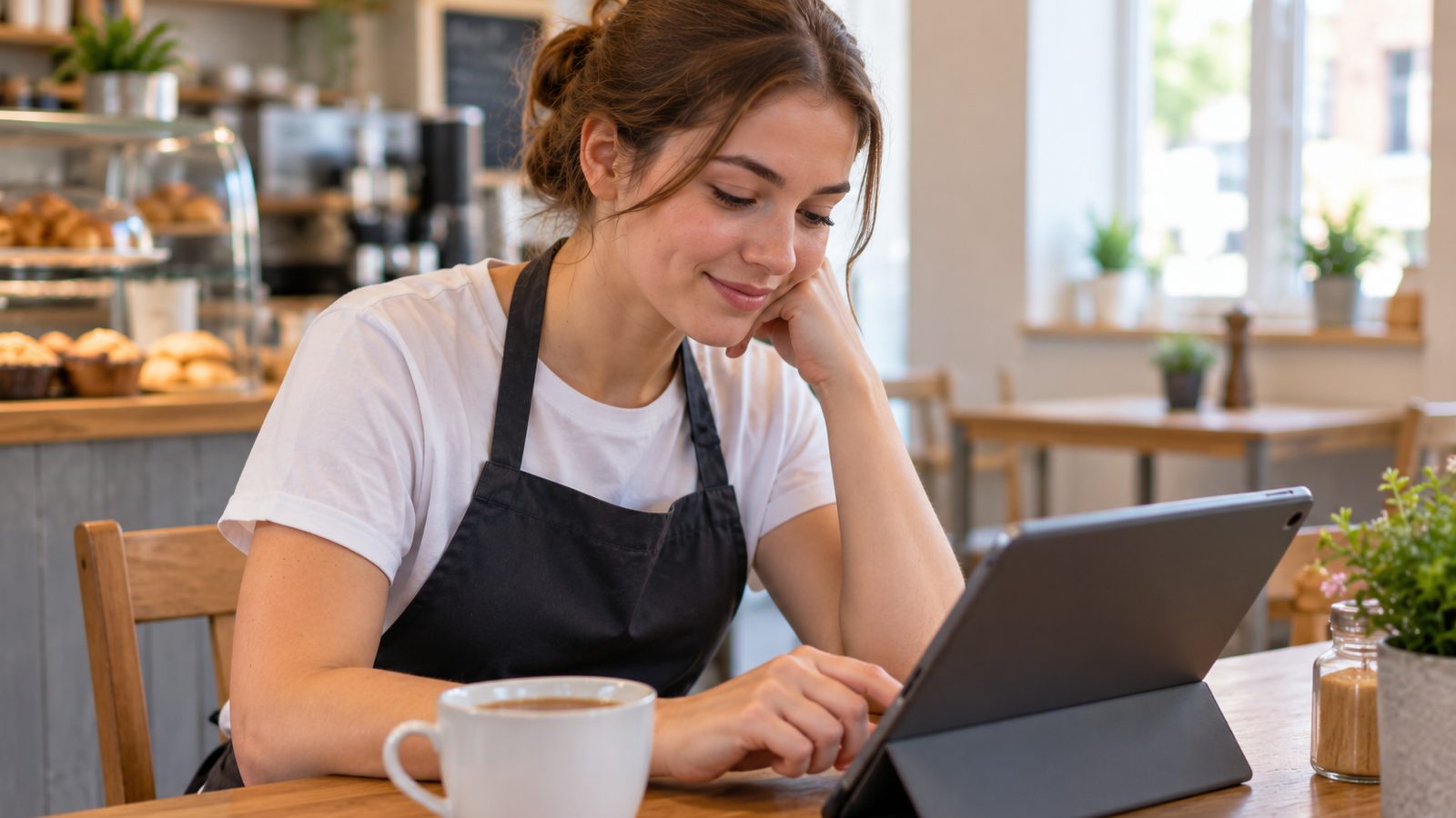 Café worker in an apron doing an online food hygiene course on a tablet during a quiet moment, with a cup of coffee beside her