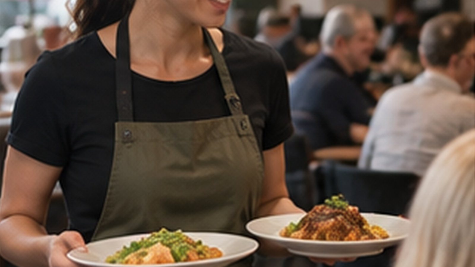 Server carrying two plates of food to a table in a busy pub
