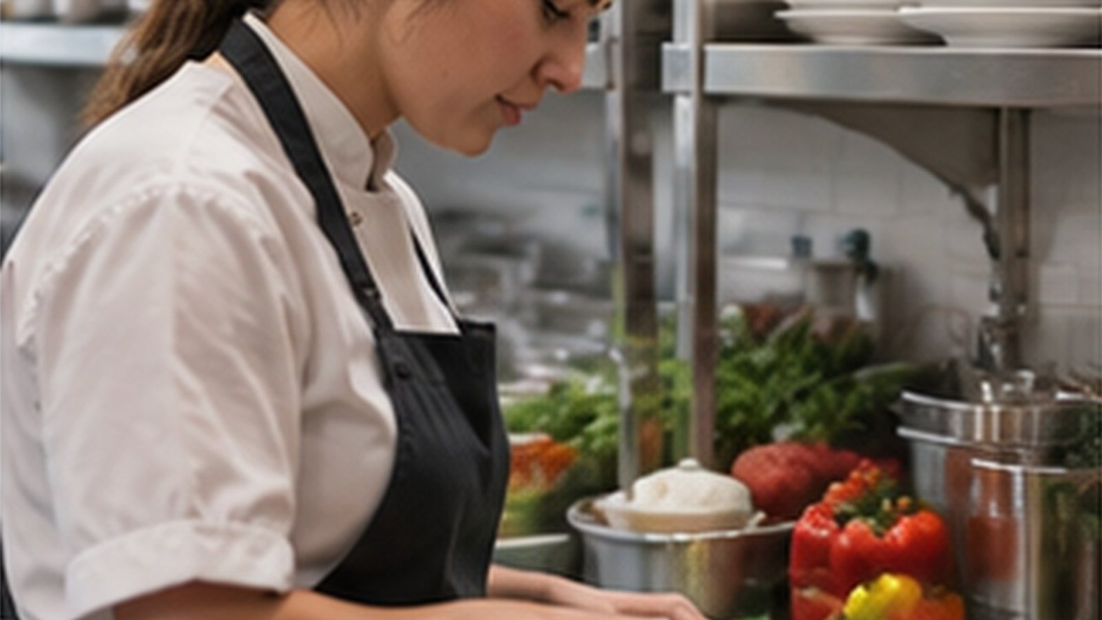Kitchen assistant preparing vegetables in a clean commercial kitchen