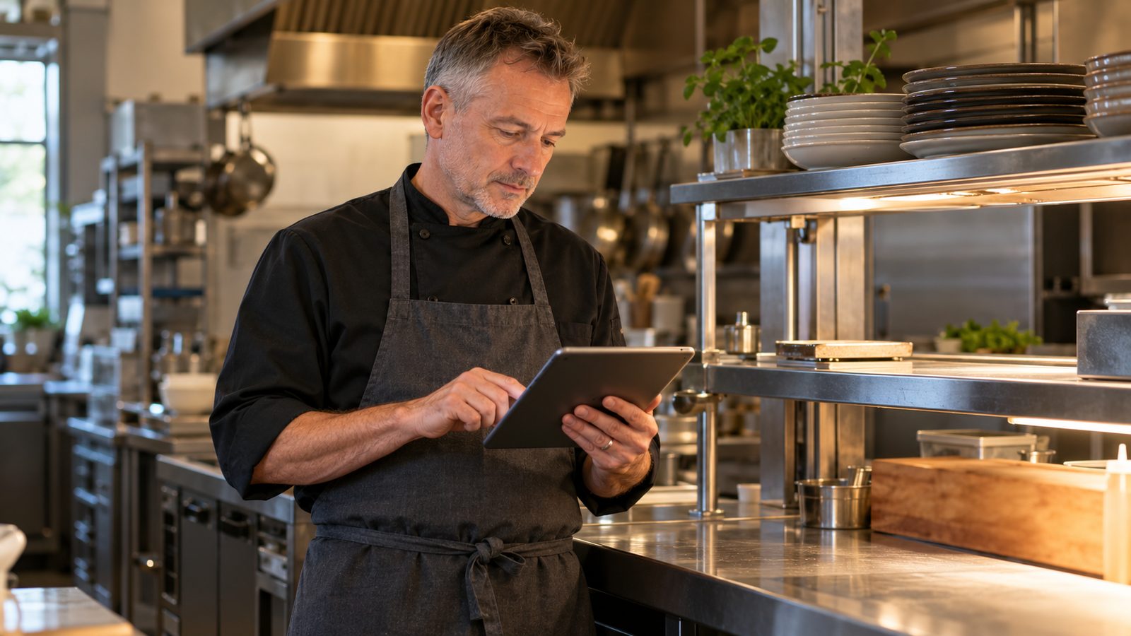 Head chef in a charcoal apron working through a course on a tablet at the pass of a restaurant kitchen