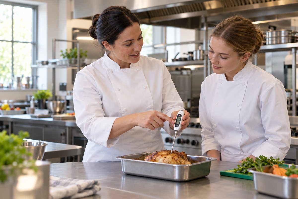 Head chef showing a junior chef how to check a roast chicken with a probe thermometer
