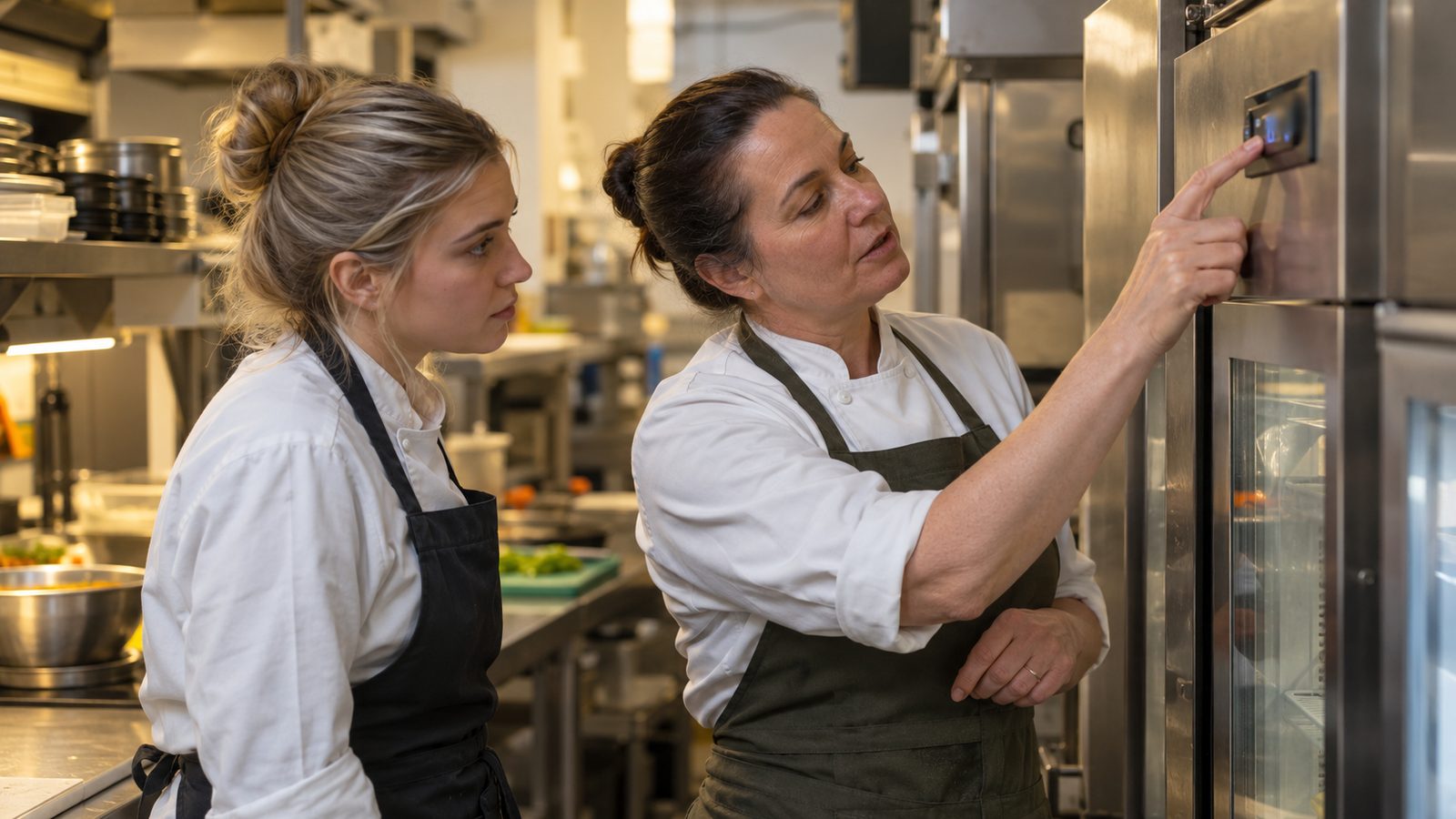 A head chef pointing to the temperature display on a kitchen fridge while a new team member watches and listens
