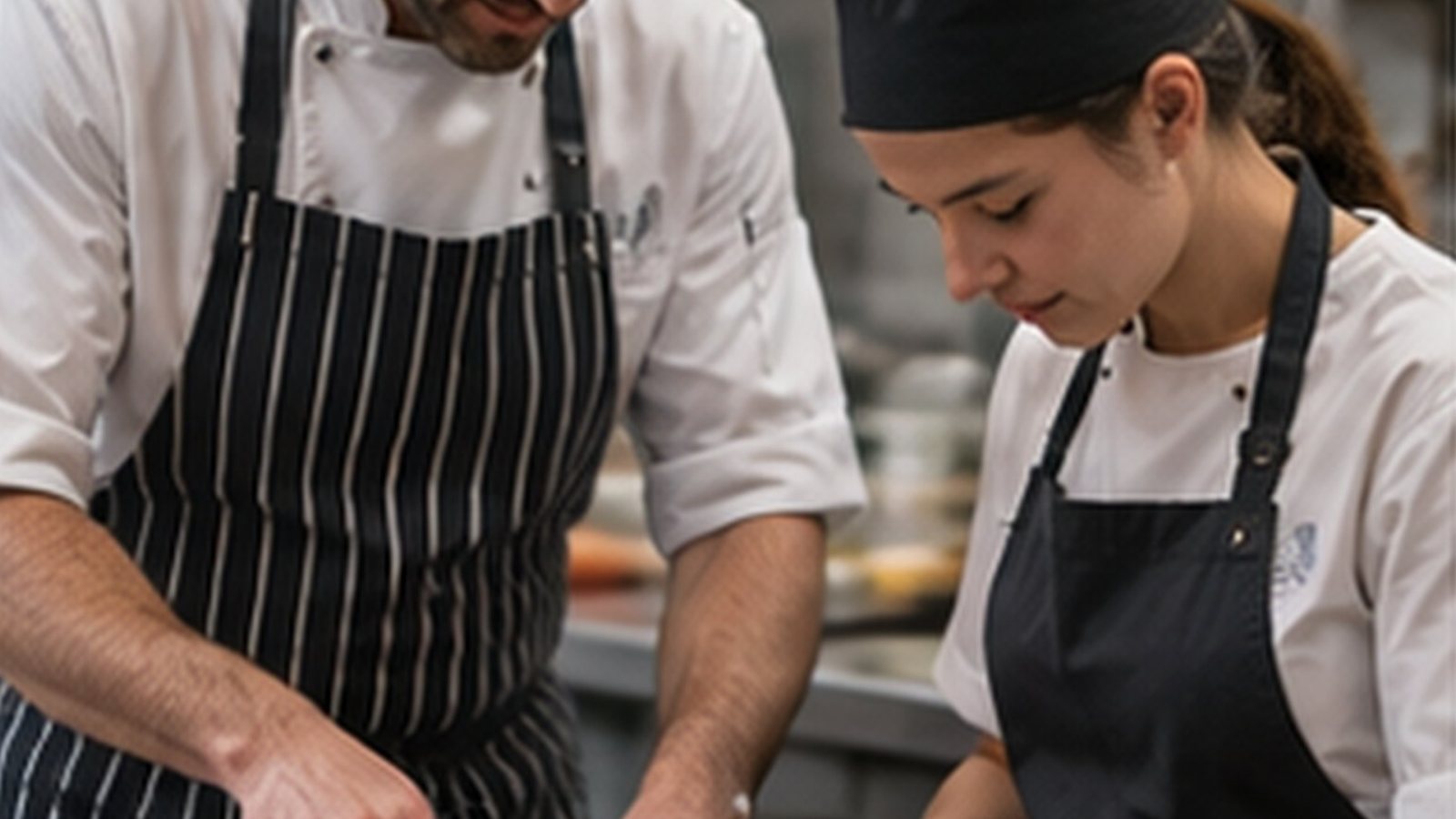 Experienced chef working alongside a new kitchen assistant at a prep station