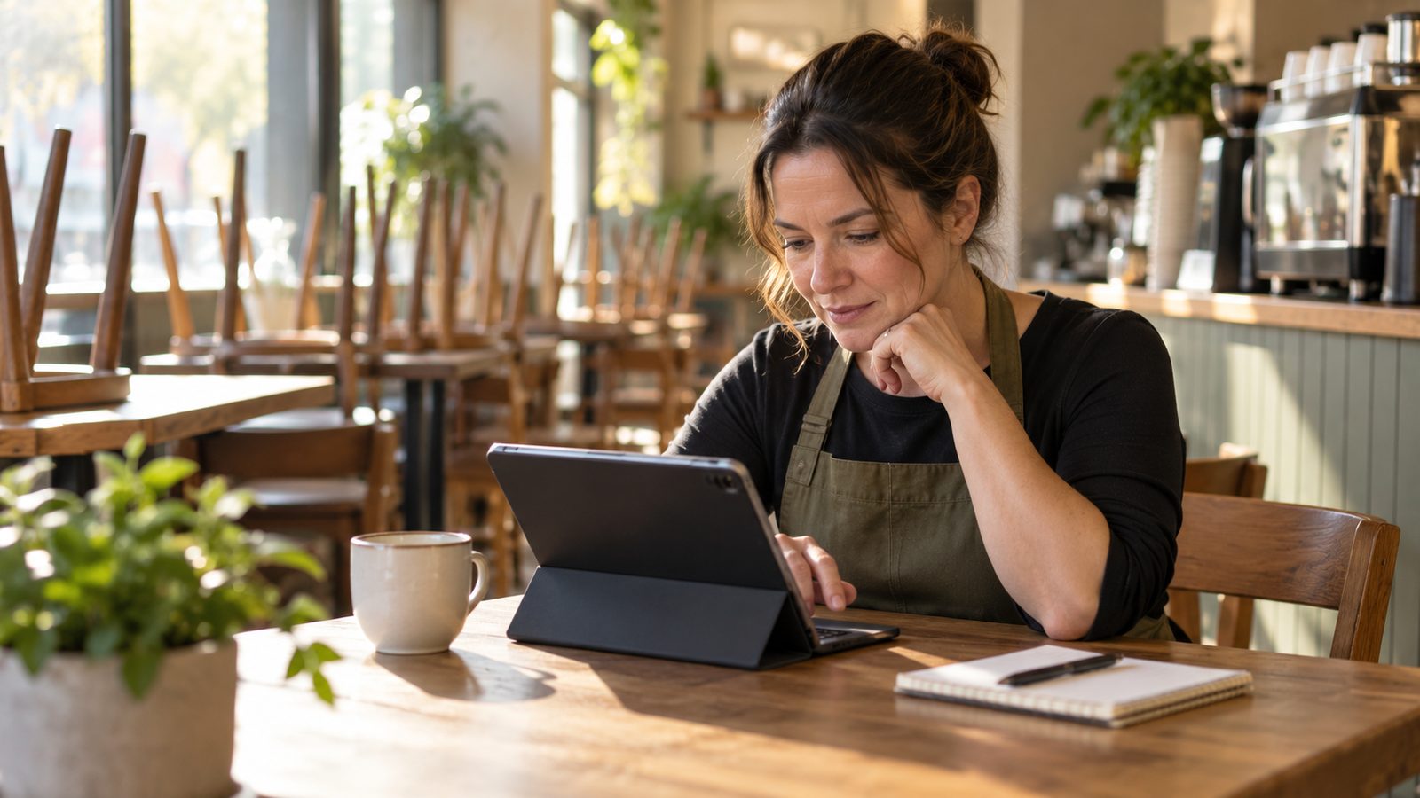 A café team member doing an online refresher course on a tablet at a table before opening, with chairs still stacked on the tables behind her