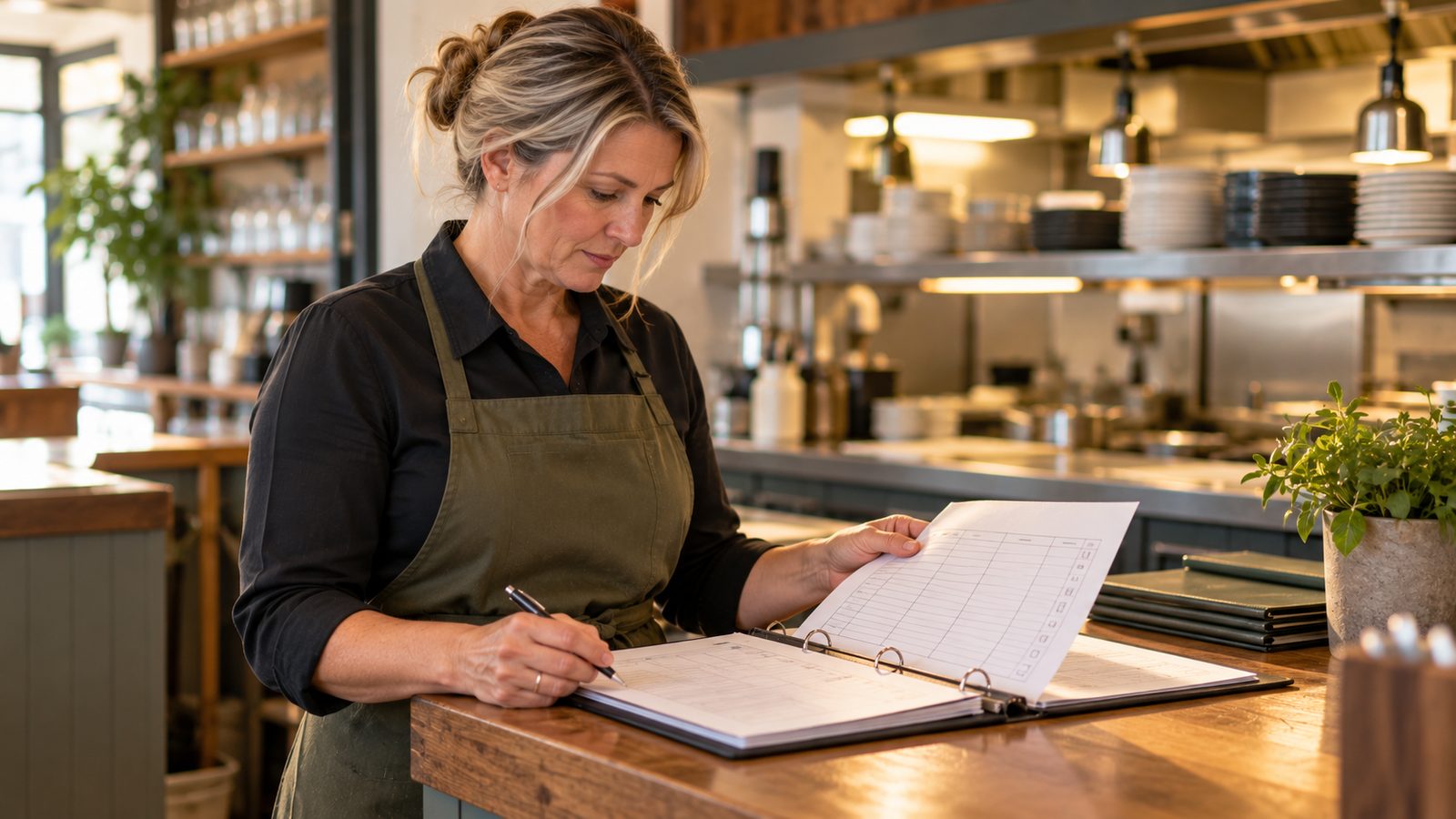 A café manager at the counter checking food safety records in a ring binder, with a tidy kitchen behind her