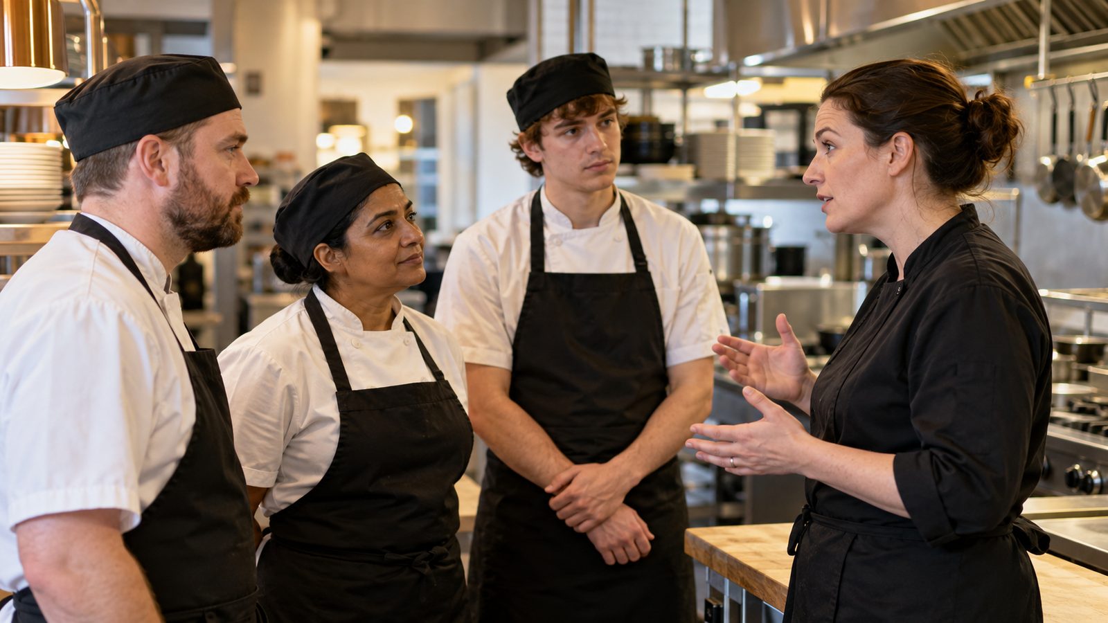 A manager leads a quick team huddle with three staff members in a pub kitchen before service