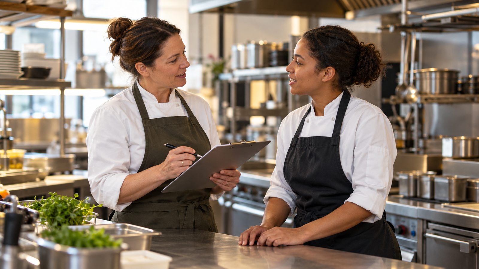 A kitchen manager with a clipboard chatting with a team member at a stainless-steel prep counter before service