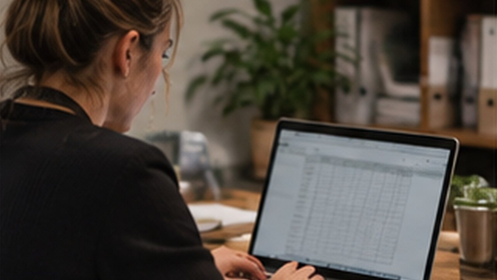 Manager updating a staff training spreadsheet on a laptop in a back office